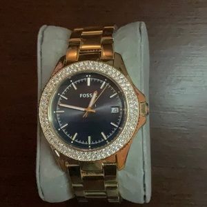 Women’s Gold Fossil Watch with Midnight Blue Watch Face with Bling Outer Rim